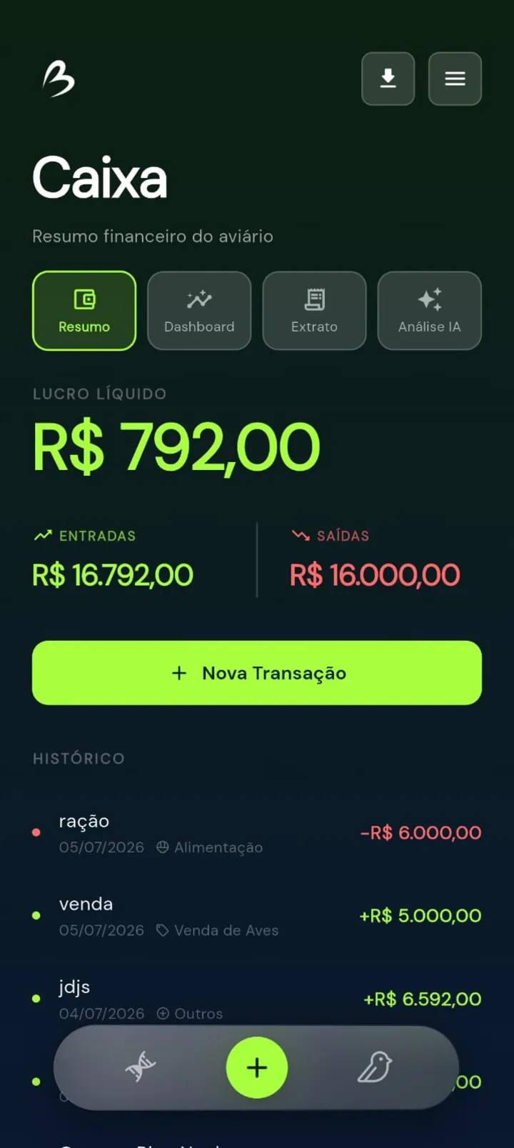 Tela Caixa: lucro líquido de R$ 792,00 no mês, com entradas de R$ 16.792,00 e saídas de R$ 16.000,00.