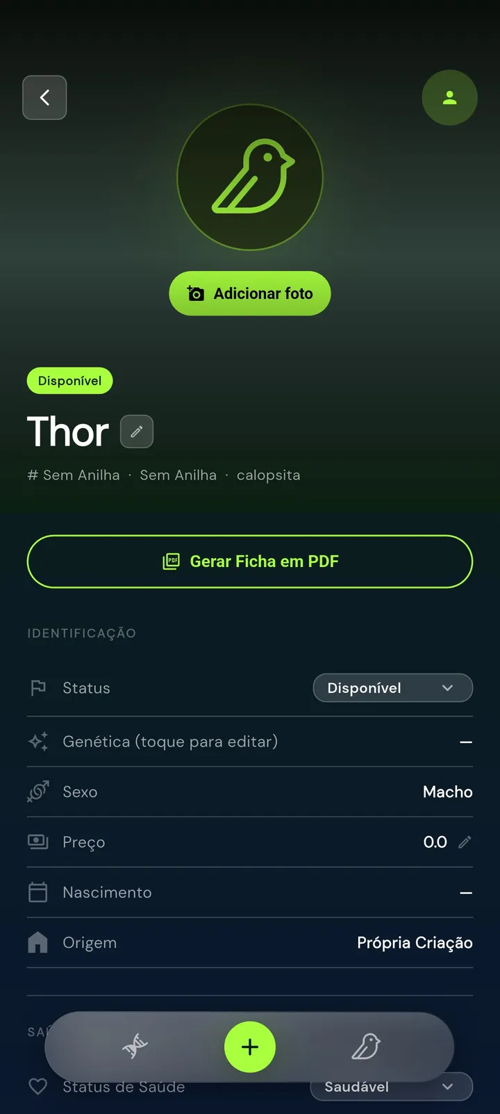 Ficha da calopsita Thor, disponível, com o botão Gerar Ficha em PDF e os dados de identificação.